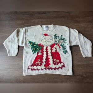 Vintage Talbots Hand Knitted Ugly Christmas Sweater Santa Claus Beaded Sweater